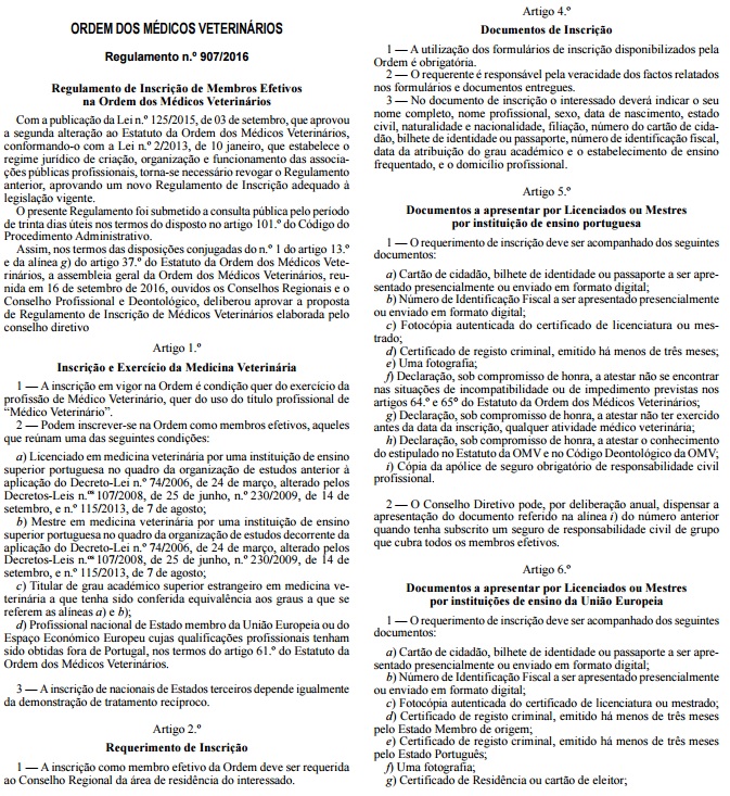 Publicado hoje em Diário da República o Regulamento de Inscrição de Membros Efetivos da OMV