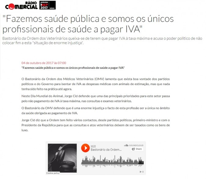 Entrevista do Bastonário da OMV à Rádio Comercial - 