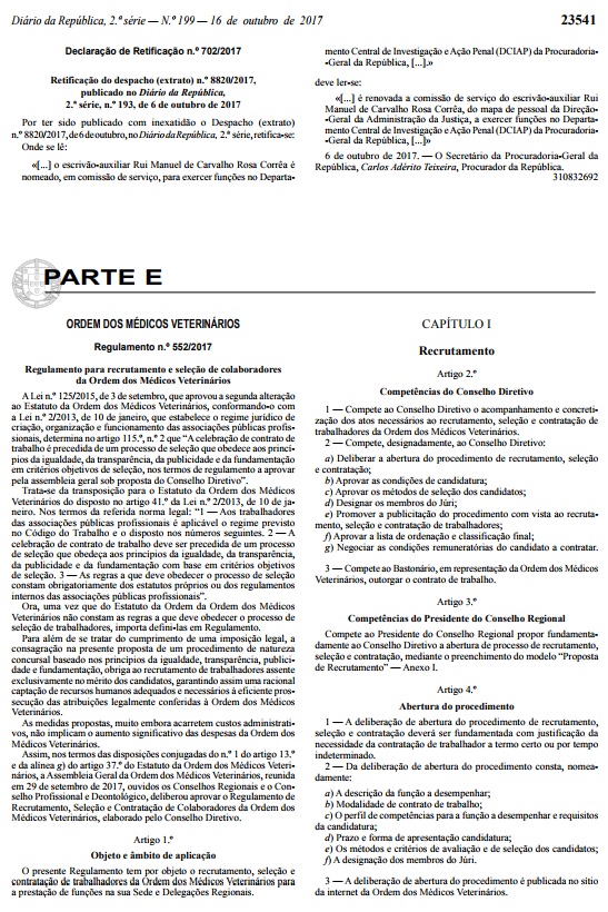 Publicado em Diário da República o Regulamento para Recrutamento e Seleção de Colaboradores da Ordem dos Médicos Veterinários