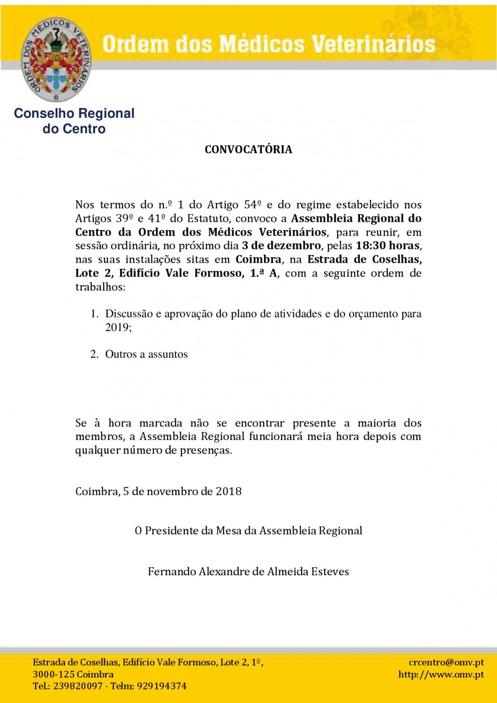 Convocatória Assembleia Regional do Centro