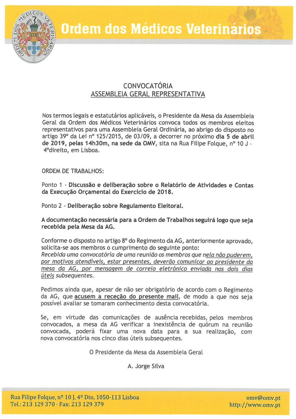 Convocatória da Assembleia Geral da Ordem dos Médicos Veterinários - 5 de Abril de 2019