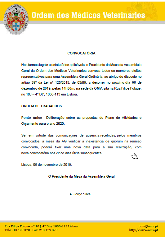 Convocatória da Assembleia Geral da Ordem dos Médicos Veterinários