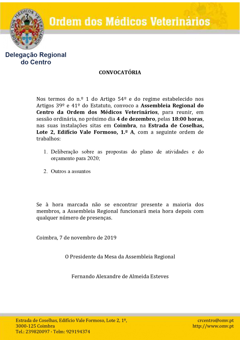 Convocatória da Assembleia Regional do Centro