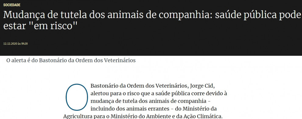 A OMV na Comunicação Social - Mudança de Tutela na área dos animais de companhia: Saúde Pública 'pode estar em risco'