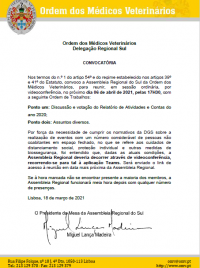 Convocatória da Assembleia Regional do Sul - 06 de abril de 2021, pelas 17H30