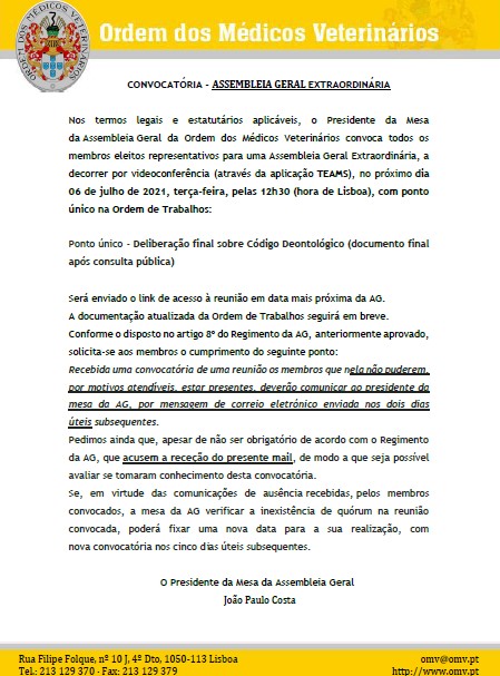 Convocatória Assembleia Geral Extraordinária dia 06 de julho de 2021 às 12.30h