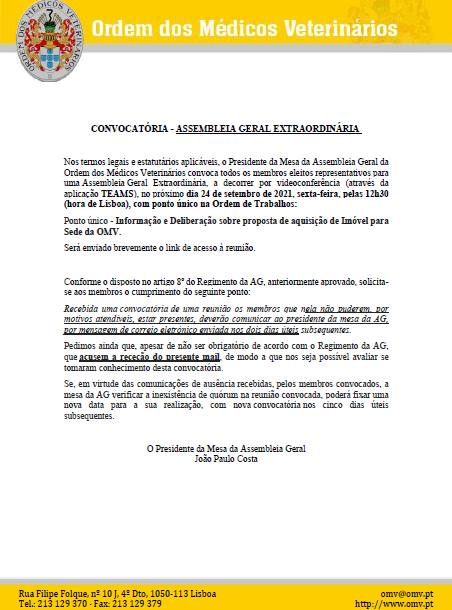 Convocatória Assembleia Geral Extraordinária dia 24 de setembro de 2021 às 12.30h