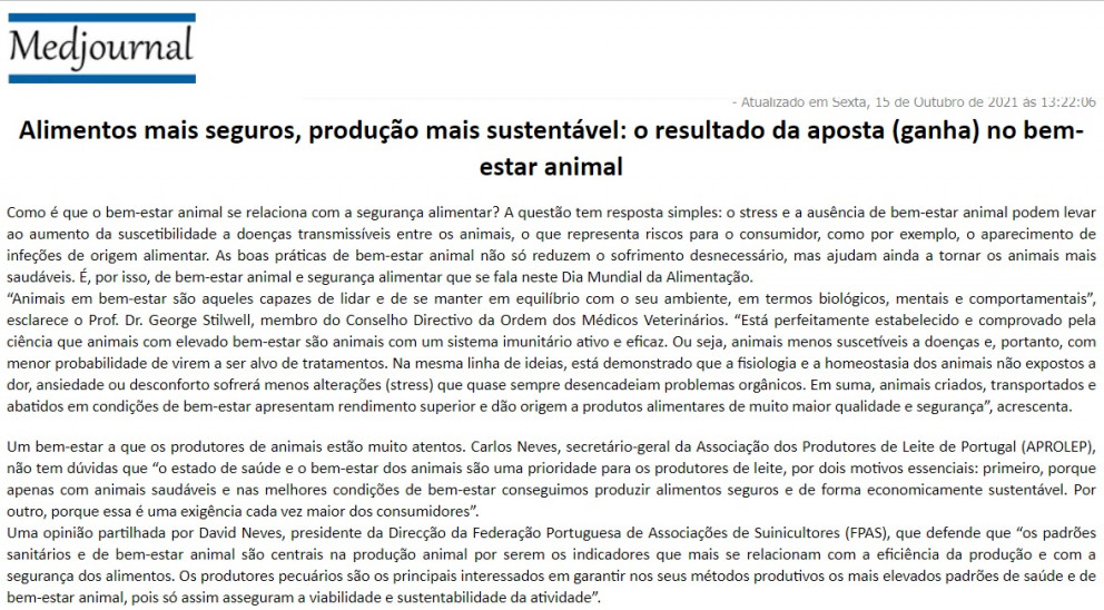 A OMV na Comunicação Social - Dia Mundial da Alimentação 'Bem-estar animal: alimentos mais seguros e produção mais sustentável'