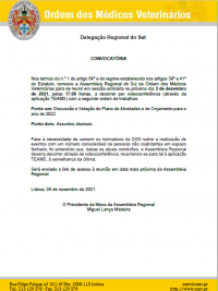 Convocatória da Assembleia Regional do Sul, dia 3 de dezembro de 2021, 17.00h