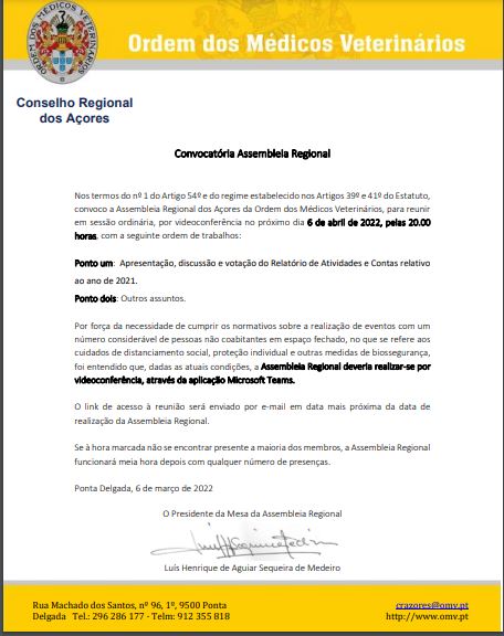 Convocatória da Assembleia Regional dos Açores- 6 de abril de 2022, 20h