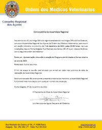 Convocatória da Assembleia Regional dos Açores- 7 de dezembro 2022, 20h 
