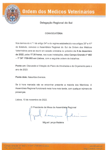 Convocatória da Assembleia Regional do Sul, dia 5 de dezembro de 2022, 17.30h