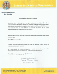 Convocatória da Assembleia Regional dos Açores da Ordem dos Médicos Veterinários- 5 de abril de 2023, 20h