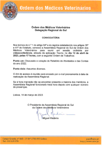 Convocatória da Assembleia Regional do Sul, dia 12 de abril de 2023, 17h