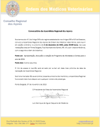 Convocatória da Assembleia Regional dos Açores da Ordem dos Médicos Veterinários- 6 de dezembro de 2023, 20h