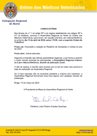 Convocatória da Assembleia Regional do Norte - dia 15 de abril de 2024, 17h30