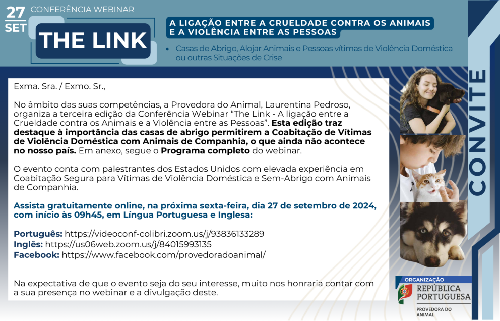 Conferência Webinar The Link 2024 - A Ligação entre a Violência contra os Animais e a Violência entre as Pessoas