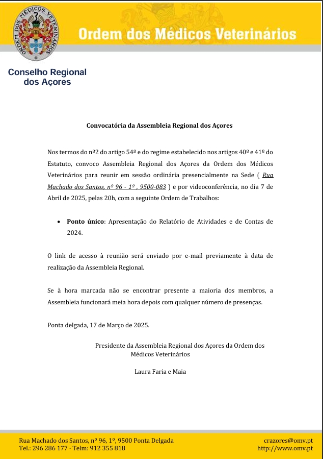 Convocatória da Assembleia Regional dos Açores da Ordem dos Médicos Veterinários - 7 De Abril de 2025 às 20h00