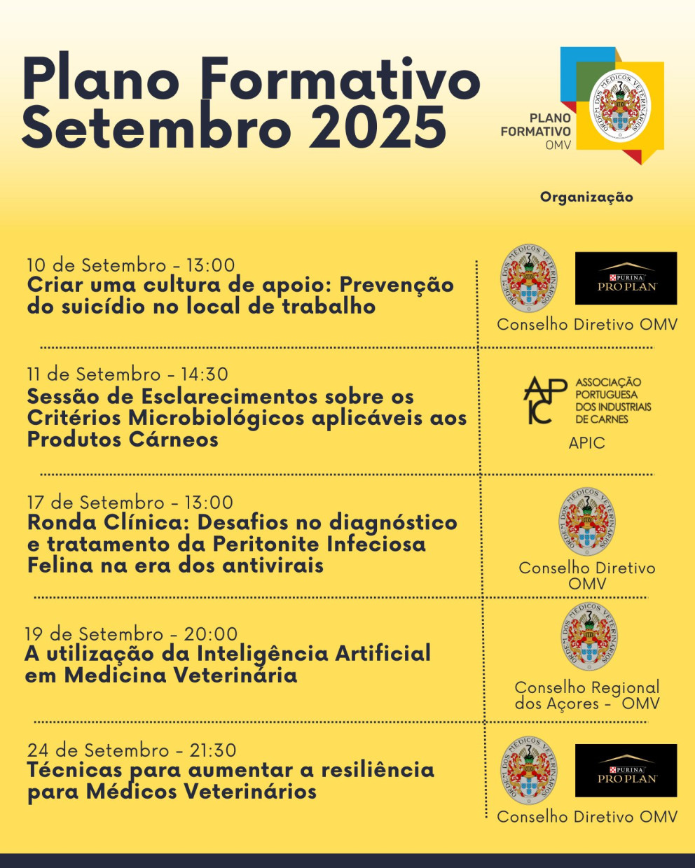 Plano Formativo do mês de setembro de 2025 da Ordem dos Médicos Veterinários