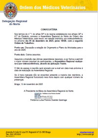 Convocatória da Assembleia Regional do Norte - 05 de dezembro de 2025, 18h