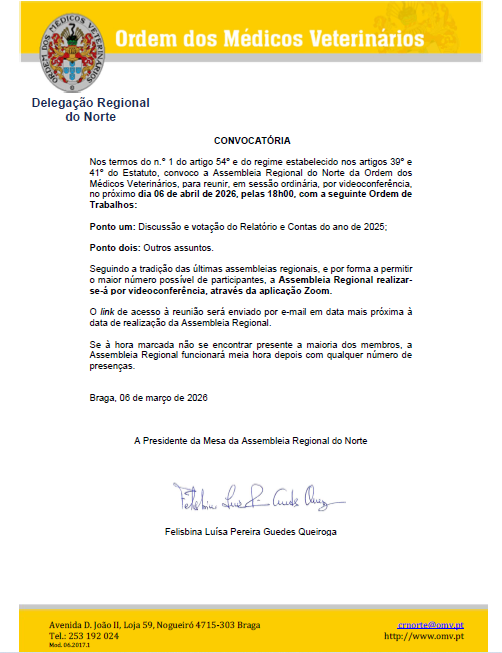 Convocatória da Assembleia Regional do Norte - 06 de abril de 2026, 18h