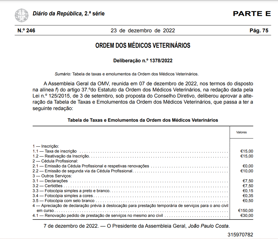 Deliberação n.º 1378/2022 - Tabela de taxas e emolumentos da Ordem dos Médicos Veterinários